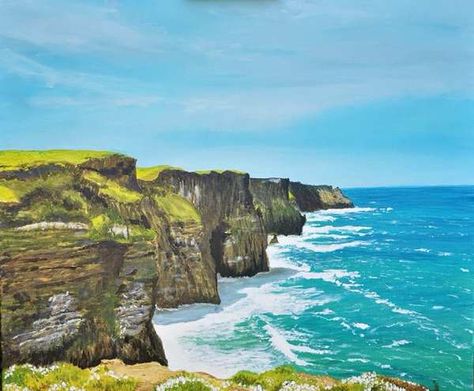 Irish Art: Cliffs of Moher,Acrylic,50 x 60 cm Ireland Painting, Ireland Cliffs, Ireland Art, Irish Blessings, Acryl Painting, Ireland Landscape, Watercolor Tutorials, Cliffs Of Moher, Irish Art