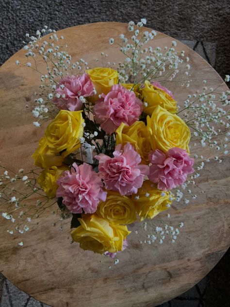 pink and yellow flowers with baby breaths Yellow And Pink Flower Bouquet, Pink And Yellow Flower Arrangements, Yellow And Pink Bouquet, Pink And Yellow Wedding Theme, Pink And Yellow Bouquet, Yellow Baby Shower Decorations, Yellow And Pink Wedding, Bride Bouquet Pink, Hoco Flowers