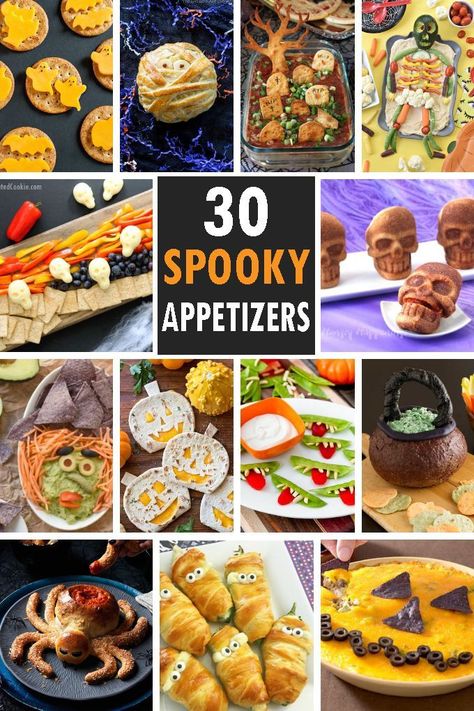 A roundup of 30 HALLOWEEN APPETIZERS and snacks, fun Halloween food ideas for your Halloween party. Spooky, easy appetizer ideas. #halloween #partyfood #halloweenappetizers #halloweensnacks #funfood #roundup Spooky Appetizers, Fun Halloween Food Ideas, Snack Halloween, Fun Halloween Party Food, Buffet Halloween, Halloween Party Spooky, Menu Halloween, Halloween Food Ideas, Halloween Party Appetizers