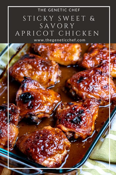 Sticky, gooey, and sweet apricot chicken loaded with flavor from a simple combination of seasonings mixed with apricot preserves. This chicken is simple to prepare, making it a wonderful choice for a weeknight or any type of meal. #apricotchicken #apricot #chicken #easyrecipe #chickenrecipes #chickenthighs | @thegeneticchef Apricot Sticky Chicken, Apricot Soy Sauce Chicken, Sweet Chicken Thigh Recipe, Pioneer Woman Apricot Chicken, Apricot Salsa Chicken, Saucy Susan Chicken Recipes, Healthy Apricot Chicken, Pioneer Woman Wine Braised Chicken With Apricots, Chicken And Apricot Recipes