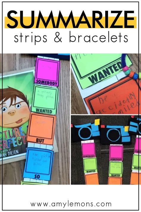 This is such a fun idea for teaching and practicing summarizing with your elementary students! Amy Lemons shares summarizing strips and bracelets that students can fill in with the SWBST method. This lesson idea is a great way to build students' reading skills! Swbst Activities, Interactive Reading Activities, Summarizing Activities, Grammar Lesson Plans, Elementary Reading Activities, Amy Lemons, Summary Writing, Reading Unit, Reading Curriculum