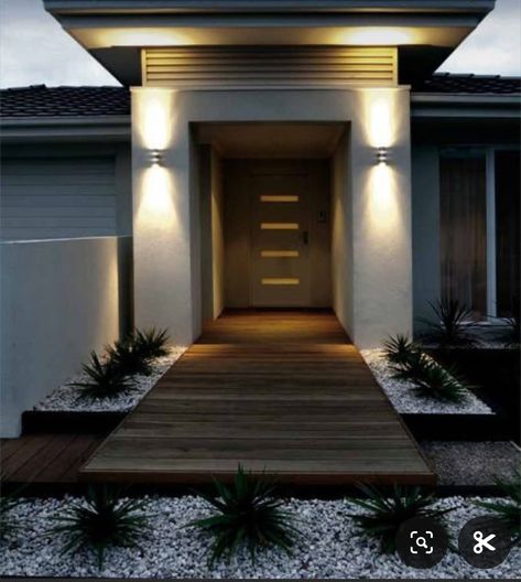 Modern Exterior Lighting, Modern Home Exterior, Modern Outdoor Wall Lighting, Building A Porch, Outdoor Party Lighting, Modern Entrance, Entrance Door Design, Exterior Wall Design, Casa Exterior