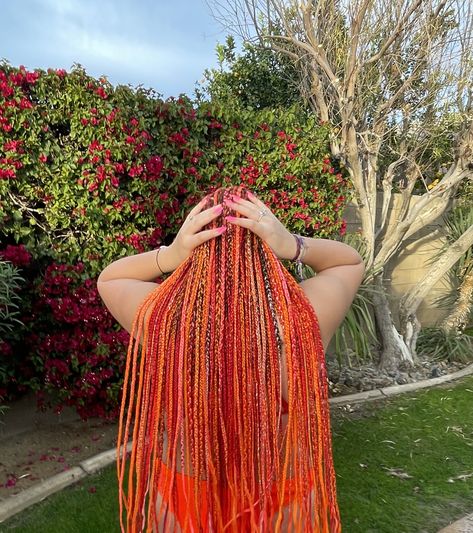 sunset color box braids Sunset Box Braids, Orange And Brown Braids, Orange Knotless Braids, Sunset Braids, Color Box Braids, Orange Braids, Twists Hairstyles, Hair Color Orange, Sunset Color