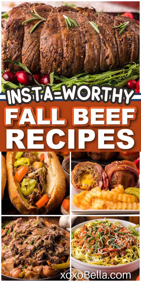 Fall beef dishes to make Fall Beef Dinner Recipes, Fall Steak Recipes, Unique Beef Recipes, Fall Beef Recipes, Thanksgiving Beef Recipes, Fall Ground Beef Recipes, Easy Ground Beef Meals, Beef Main Dishes, Bacon Wrapped Cheeseburger