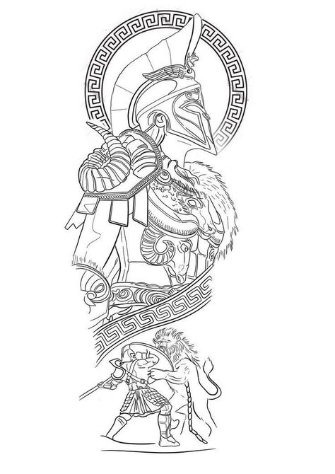 Best Leg Tattoo Men Design Sketch, Half Sleeve Tattoo Designs For Men, Gladiator Tattoo Ideas, Greek Half Sleeve Tattoo, Spartan Back Tattoo, Warrior Tattoos Design, Spartan Tattoo Stencil, Poisidons Tattoo, Forearm Tattoo Template