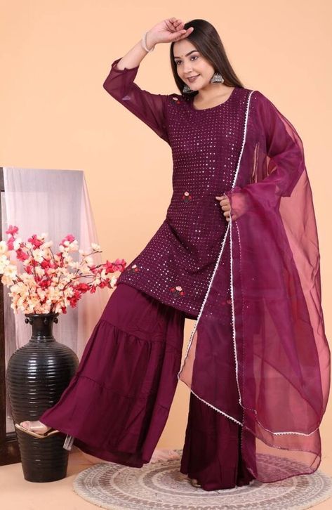 Check out this item in my Etsy shop https://www.etsy.com/listing/943778802/indian-ethnic-kurti-sharara-duptta-set Chickenkari Anarkali, Purple Sharara Suit, Purple Sharara, Kurti With Sharara, Ethnic Kurti, Purple Set, Sharara Suit, Sequence Work, Sharara Set