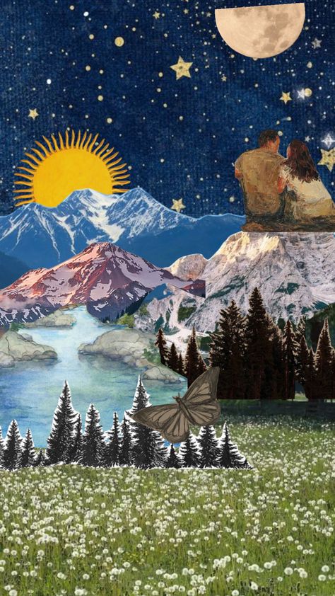 Collage Landscape Art, Outdoor Collage, Mountain Collage Wallpaper, Nature Collage Art, Mountains Collage, Mountain Collage, Collage Mountains Landscapes, Surreal Mountain Art, Keeping Quiet