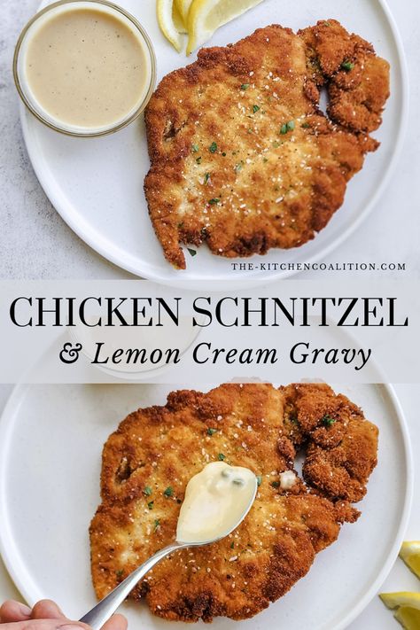 This Chicken Schnitzel with Lemon Cream Gravy is so perfectly simple and absolutely delicious. Seriously, it’s pretty difficult to turn down perfectly golden-brown fried chicken. You have the option to slather it in my Lemon Cream Sauce or keep it traditional with a hefty squeeze of fresh lemon juice, parsley, and a touch of kosher salt. Either way, you’re in for a treat!

Give this recipe a try and let me know what you think! Chicken Shnitzel, Meat Goats, Lemon Cream Sauce, Fried Chicken Cutlets, German Food Authentic, Schnitzel Recipes, Cream Gravy, Pork Schnitzel, Chicken Schnitzel