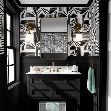 Abstract Black and White Paint Stroke Removable Peel and Stick - Etsy Funky Bathroom, Bathroom Wallpaper Ideas, Dot Wallpaper, Black And White Bathroom, L Wallpaper, Wallpaper Abstract, Half Bathroom, Bathroom Inspiration Decor, Wallpaper Removable