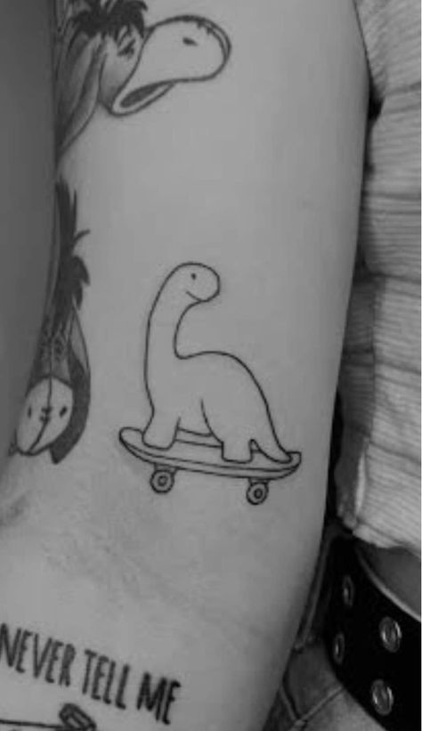 Stegasorus Tattoo, Funny Small Tattoos, Ankle Tattoo Men, Skateboard Tattoo, Partner Tattoos, Cute Matching Tattoos, Dinosaur Tattoos, Funky Tattoos, Tattoo Now