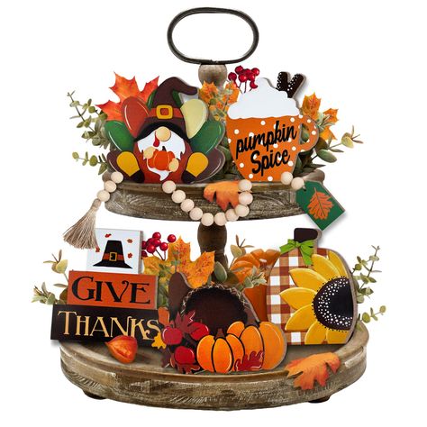 PRICES MAY VARY. Thanksgiving Tiered Tray Decorations Set: Our Turkey tiered tray decor includes 6 pcs harvest style wooden signs: 1 pcs cute gnome turkey sign, 1 pcs pumpkin spice latte cup sign, 1 pcs "GIVE THANKS" book stack sign, 1 pcs brown and white plaid pumpkin with sunflower sign, 1 pcs cornucopia basket sign and 1 pcs wooden beads garland with maple leaf sign. The fall tier tray decor will give you a warm and fun atmosphere on Thanksgiving. The tiered tray is NOT included Upgrade Quali Fall Tier Tray Decor, Thanksgiving Tiered Tray Decor, Thanksgiving Tiered Tray, Bow Pumpkin, Fall Tray Decor, Tiered Tray Decorations, Book Shape, Fall Tray, Thankful Pumpkin