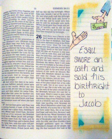 Genesis 25:33 Bible Journaling Genesis, Genesis 25, Bible Doodling, Bible Illustrations, Faith Bible, Illustrated Faith, Art Bible, Bible Art Journaling, Bible Journal