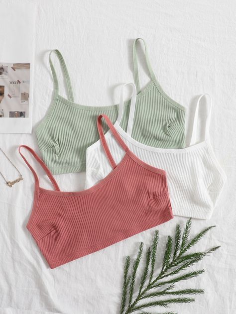 3pack Solid Rib Bra Set Comfy Bras Casual, Cute Bras Aesthetic, Summer Outfit Accessories, Vs Pajamas, Women Bras, Comfy Bra, Bra Sets, Cute Bras