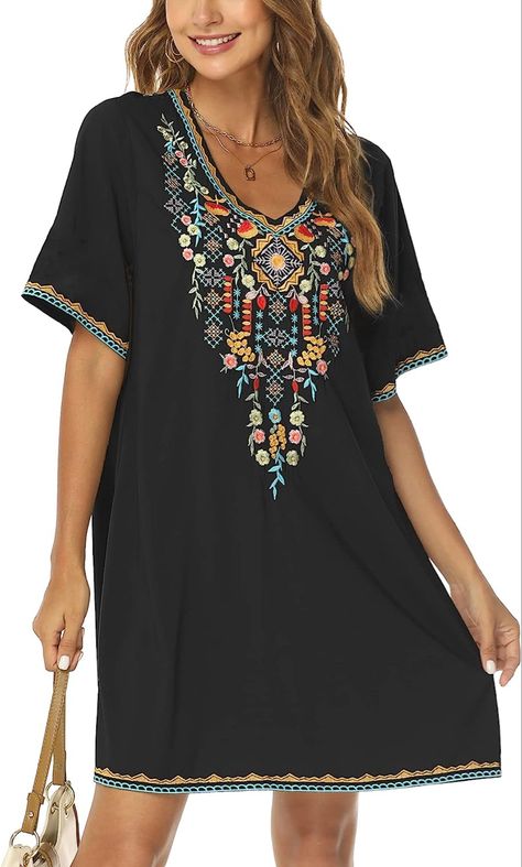 Mexican Peasant Dresses, Plus Size Fiesta Boho Dress for Women, Traditional Floral Bohemian Tunic Peasant Dresses, Mexican Peasant Blouse, Flowy Black Dress, Loose Summer Dress, Mexican Embroidered Dress, Fiesta Dress, Bohemian Tunics, Bohemian Skirt, Vestido Plus Size