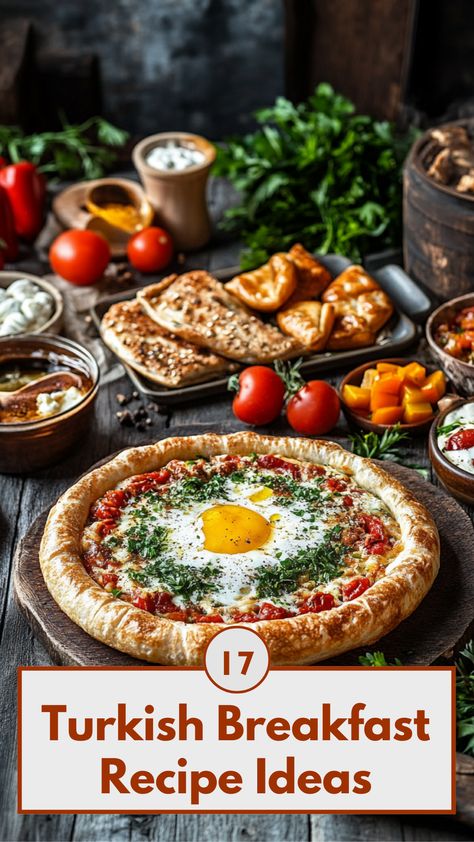 Turkish breakfast spread featuring simit, menemen, borek, kaymak with honey, and fresh vegetables on a rustic table. Pakistani Brunch Ideas, Turkish Breakfast Ideas, Turkish Breakfast Table, Turkish Eggs Recipe Video, Turkish Eggs Breakfast, Menemen Recipe, Turkish Breakfast Traditional, Breakfast Recipe Ideas, Turkish Recipe