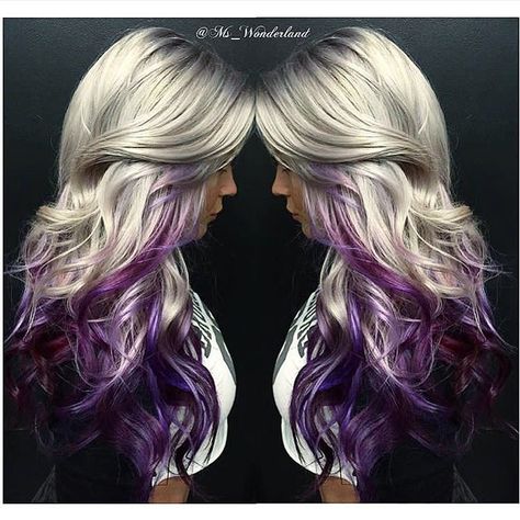 Throwing it back to this super pretty platinum blonde w a fun pop of color ✨ tag a blonde friend that should try this!!!⚡️ • • • • #mswonderlandcreation #platinumblonde #btconeshot_platinum17 #heyyouneverknow ‍♀️ @behindthechair_com #behindthechair #unicornhair #tbt #meow Purple Underneath Hair, Blonde And Purple, Blond Balayage, Throwing It Back, Platinum Blonde Hair, Hair Color And Cut, Artistic Hair, Color Tag, Cool Hair Color