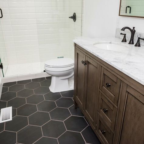 Gray Floor Bathroom Color Schemes, Bathroom Black Hexagon Tile Floor, Gray Hexagon Tile Bathroom, Gray Bathroom Floor Tile, Small Bathroom Black Hexagon Tile Floor, Dark Gray Hexagon Tile Bathroom, Dark Grey Hexagon Tile Bathroom Floor, Large Gray Hexagon Tile Bathroom, Black Hexagon Tile Bathroom Floor