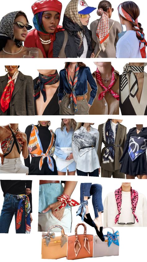 Scarf Tying Ideas, Scarf Outfit Fall, Silk Scarf Outfit, French Scarf, Scarf Wearing Styles, Hermes Silk Scarf, Diy Fashion Scarf, Scarf Trends, Silk Scarf Style