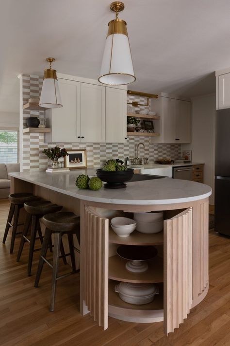 Custom Details Set This Tarrytown Remodel Apart - The Interior Collective Mudroom Cabinetry, Curved Island, Round Kitchen Island, Curved Kitchen Island, Peninsula Kitchen, Transitional Design Style, Curved Kitchen, Kitchen Peninsula, Creative Storage Solutions