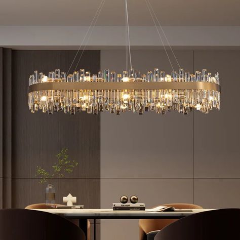 Everly Quinn Kacy 16/20-Light Crystal Chandeiler,Gold Modern Square / Rectangle Chandelier with Clear and Gray Crystal Accents & Reviews | Wayfair Long Chandelier Dining Room, Chandelier Dining Room Modern, Dining Table Chandelier, Long Chandelier, Rectangular Chandelier, Rectangle Chandelier, Dining Room Chandelier, Modern Square, Stainless Steel Frame