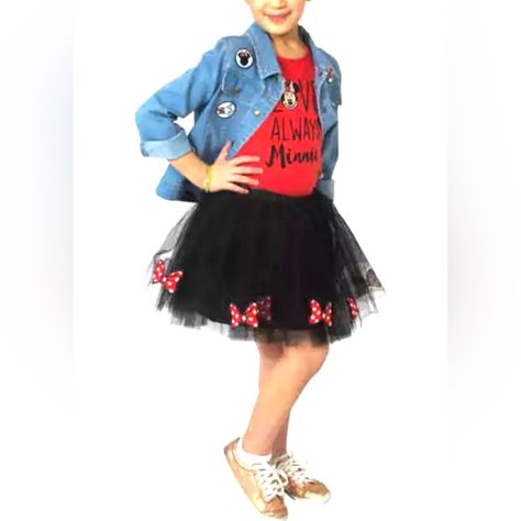 This Is A Brand New With Tag Three Piece Disney Collection By Tutu Couture,Fancy Love Always Mini Red And Black Color Tee And Tutu With Denim Jacket . It Is Available In Size 10 Girls. Set Includes: (1) Jacket, (1)Tee And (1) Tutu Measurements For Size 10 Tutu: Elastic Waist 11”, Length 16” Denim Jacket: Shoulder 12”,Armpit To Armpit 16”(Laid Flat),Length 18”, Sleeves Full 18”. Tee: Shoulder 11”, Armpit To Armpit 15”,Length 19”,Sleeves Half 5”. X-P-Mer Disney Tutu, Tutu Couture, Minnie Mouse Onesie, Minnie Dress, Disney Jacket, Kids Tutu, Girls Couture, Girls Formal Dresses