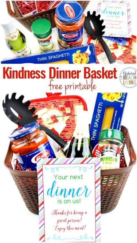 Random Acts of Kindness Dinner Basket, Show someone you care by surprising them with a Random Acts of Kindness Meal for a simple act of kindness. Free Random Acts of Kindness Printables and Random Acts of Kindness Ideas for you to fight hunger and share acts of kindness around your community #randomactsofkindness #actsofkindness #kindness Dinner In A Basket Gift, Food In A Bag Ideas, Food Baskets Gift Ideas, Meal Basket Gift Ideas, Dinner Basket Ideas, Dinner Gift Basket Ideas, Acts Of Kindness Printables, Dinner Gift Ideas, Dinner Gift Basket