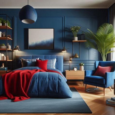 Bold and cozy: Red and blue bedroom vibes! 🛏️🔴🔵 #BoldColors #interior #interiordesign #interiordecor #interiorinspo #interiorinspiration #interiorideas #interiordesigner Red And Blue Room Decor, Blue Bedroom Red Accents, Cobalt Bedroom, Red And Blue Bedroom Aesthetic, Blue Christmas Bedroom, Blue Red Bedroom, Red Blue Bedroom, Red And Blue Bedroom, Blue And Red Bedroom