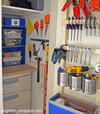 How to organize a small closet for tool storage Tool Storage Ideas Small Spaces, Storage Ideas Small Spaces, Tool Closet, Organize A Small Closet, Craft Tool Storage, Tool Storage Ideas, Small Closet Storage, Coat Closet Organization, Small Closet Space