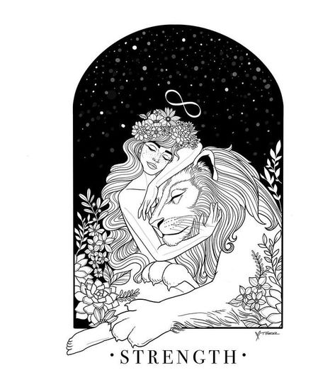 The Strength Tarot Card, Tattoo Designs Japanese, Strength Tarot Card, Virgo Tattoo Designs, Strength Tarot, Tarot Tattoo, Tarot Card Tattoo, Virgo Tattoo, Card Tattoo