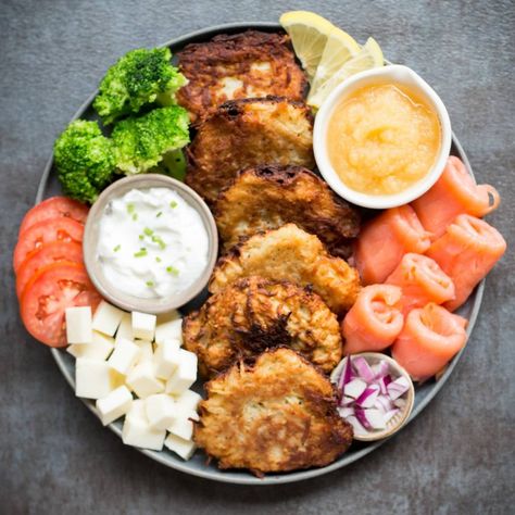 Latke Board, Cauliflower Latkes, Carrot Muffin, Board Recipes, Stuffed Baked Potatoes, Matzo Meal, Potato Latkes, Pie Filling Recipes, Hanukkah Food