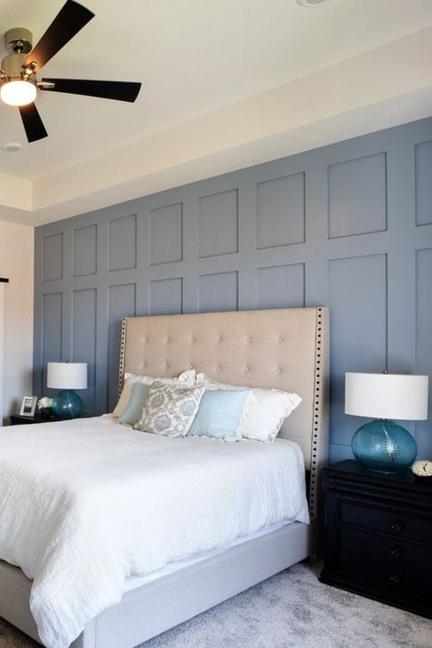 Batten Board Paint Colors, Full Board And Batten Wall Bedroom, Board And Batten Wall Up Stairs, Bedroom Trim Accent Wall, Board And Batten Picture Wall, Focus Walls Bedroom, Board And Batten Wall Modern, Accent Wall Behind Bed Paint, Accent Wall Bedroom Board And Batten