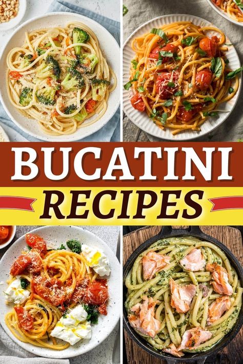 These bucatini recipes are easy, delicious, and fun to eat! From carbonara to Bolognese to primavera, give pasta night a makeover with bucatini. Homemade Bucatini Pasta, Easy Bucatini Recipes, Chicken Bucatini Recipes, Buccatelli Pasta, Chicken Bucatini, Bucatini Pasta Recipes, Buitoni Recipes, Pasta Bucatini, Recipes For Pasta