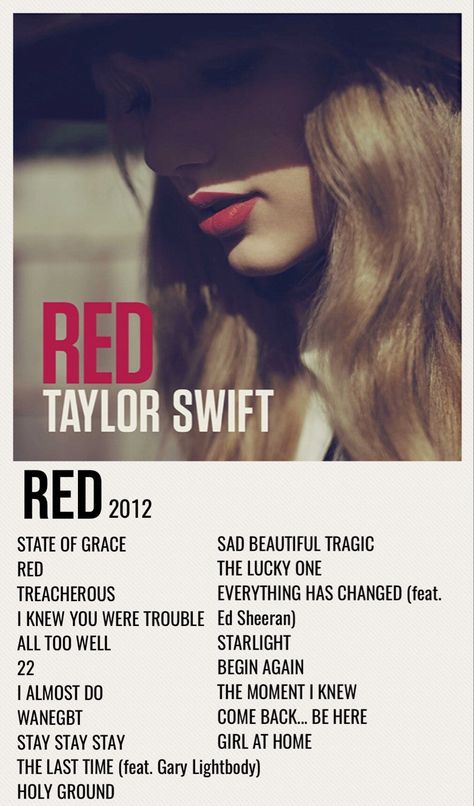 Taylor Swift Red Songs, Taylor Swift Songs List, Red By Taylor Swift, All Taylor Swift Songs, Taylor Swift Red Album, Gary Lightbody, Red Song, Red Album, Taylor Songs