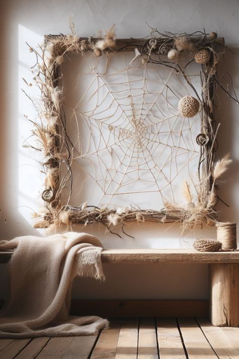 Witch Decor Aesthetic, Wall Candle Holders Diy, Shaman Aesthetic, Diy Gothic Decor, Woven Branches, Cottagecore Moodboard, Diy Wood Frame, Witch Birthday, Halloween Entryway