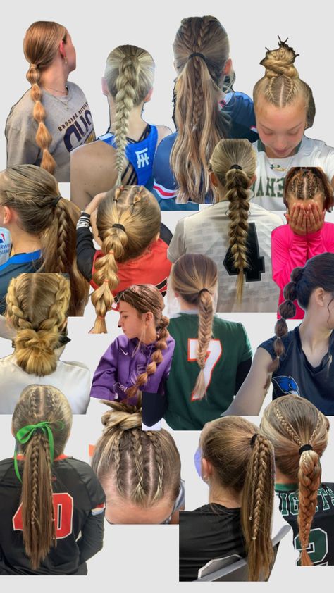 Cute and easy hairstyles for girls sports! #volleyball #softball #soccer #wrestling #lacrosse #basketball #gymnastics #hairstyle #sports #sportshairstyle #easy #cute #preppy #aesethic Sporty Hairstyles Running, Dig Pink Hairstyles, Fast And Easy Volleyball Hairstyles, Basketball Aesthetic Hairstyle, Cute Soccer Hairstyles For Curly Hair, Easy Gymnastics Competition Hairstyles, Basketball Girls Hairstyles, Feild Hockey Hair Ideas, Hair Ideas For Basketball Games