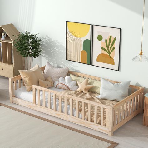 PRICES MAY VARY. 🧸【Floor Bed with Safety Guardrails】The toddler floor bed being so close to the floor and surrounding solid wood safety guardrails, eliminates the risk of any nasty falls and bumps, provide a safer and more fun sleeping or playground space for kids. 🧸【Cultivate Kids to Sleep Independently】This montessori floor bed design the low height can help transition away from co-sleeping or bed-sharing and towards a more independent sleep space, develop their independence, and the full le Toddler Floor Bed Twin, Montisorri Baby Floor Bed, Cozy Toddler Bedroom, Twin Montessori Bed, Floor Bed Ideas, Pine Wood Floor, Toddler Twin Bed, Floor Bed Toddler, Montessori Toddler Bed