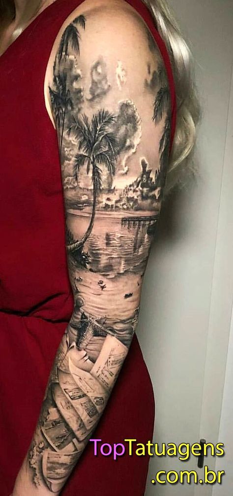 Florida Tattoo Sleeve, Beach Tattoo Sleeve, Beach Sleeve Tattoo, Tropisches Tattoo, Florida Tattoo, Beach Tattoo Ideas, Ocean Sleeve Tattoos, Underarm Tattoo, Tropical Tattoo