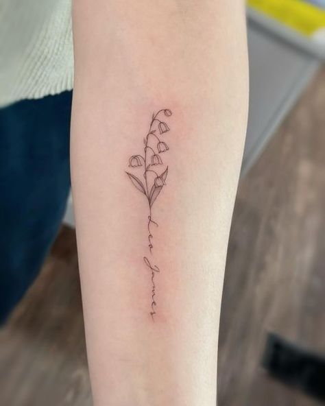 Mia | Lily of valley! | Instagram Lily Of The Valley And Sunflower Tattoo, Lily Of The Valley Tattoos For Women, Lily Of The Valley Tattoo With Name, Tiny Lily Of The Valley Tattoo, Lily Of The Valley Simple Drawing, Lily Of The Valley Heart Tattoo, Lilly Of The Valleys Small Tattoo, Lily Of The Valley Tattoo Spine, Dainty Lily Of The Valley Tattoo