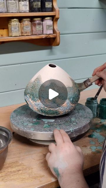 Chloe Lennon on Instagram: "Process of Moss stoneware vessel! #ceramicsculpture #madelocal #irishcraft #contemporarycraft #contemporaryceramics #contemporarysculpture #ceramicart #interiordesign #ceramics #pottery #lichen #moss" Glazing Techniques Pottery Plates, Glaze Layering Ceramics, Textured Pottery, Clayscapes Glazes, Lichen Glaze, Ceramic Glaze, Crystal Glaze Ceramics, Ceramics Pottery Bowls, Lichen Moss