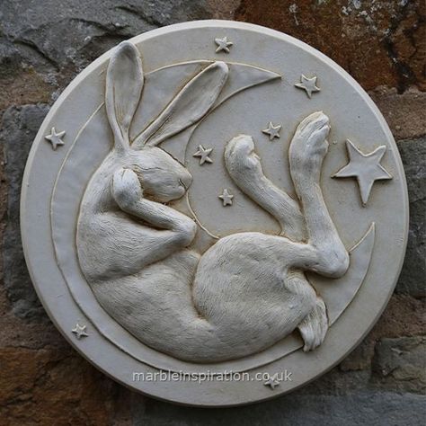 Garden Wall Plaques : Animal Wall Plaques : Hare in Moon Wall Plaque Marble Inspiration, Garden Wall Plaque, Moon Gazing, Moon Gazing Hares, Rabbit Sculpture, Animals Design, Cerámica Ideas, Moon Wall, Relief Sculpture