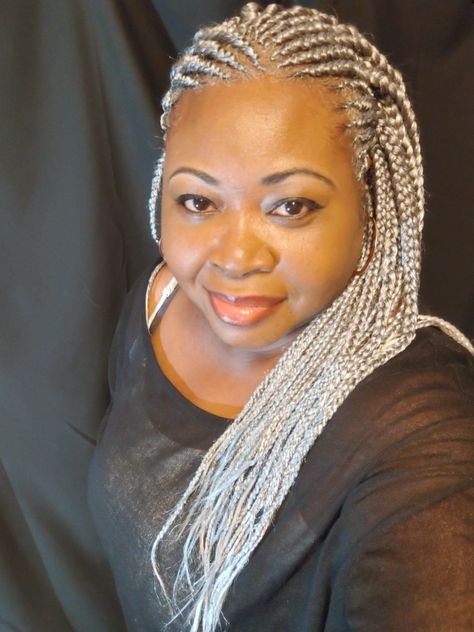 Gray Hair Cornrows, Older Woman Braids, Gray Box Braids Hairstyles, Curve Braids, Grey Braids Hairstyles, Grey Box Braids Silver Black Women, Gray Braids For Black Women Silver Hair, Gray Box Braids, Braids For Older Black Women Over 50