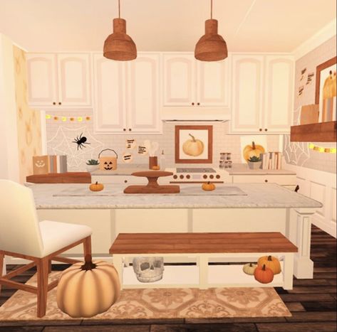 Fall Living Room Decor Bloxburg, Bloxburg Fall House Speed Build, Halloween Decor Bloxburg, Autumn Bloxburg House Interior, Small Fall Bloxburg House, Halloween Ideas Bloxburg, Bloxburg Fall Backyard Ideas, Fall Bloxburg Interior, Fall Bathroom Bloxburg