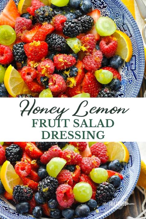 This quick and easy fresh fruit salad dressing is the perfect addition to any meal! Fresh berries are lightly glazed with a honey lemon simple syrup that is bursting with citrus flavor. It's fast enough for a weekday morning, and special enough for entertaining. Fruit Salad Berries, Refreshing Fruit Salad, Lemonade Fruit Salad, Fresh Fruit Salad Recipe Simple, Dressing For Fruit Salad Simple, Fruit Salad Dressing Recipe Simple, Simple Fruit Salad Recipe, Lemon Fruit Salad, Peach Fruit Salad