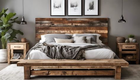 How to Make Your Own Rustic Bed Frame: A Simple DIY Guide Bed Frame Simple, Reclaimed Wood Bed, Farmhouse Style Rugs, Rustic Wood Headboard, Reclaimed Wood Bed Frame, Diy Wood Headboard, Reclaimed Wood Beds, Rustic Bed, Rustic Bed Frame