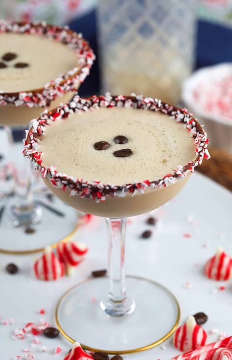 Peppermint Mocha Espresso Martini Recipe Chocolate Peppermint Espresso Martini, Christmas Dessert Martini, Christmas Expresso Martinis, Espresso Martini With Nespresso, Peppermint Rimmed Drinks, Christmas Espresso Martini Recipes, Espresso Martini With Kalua, Peppermint Snapps Cocktails, Hot Cocoa Martini