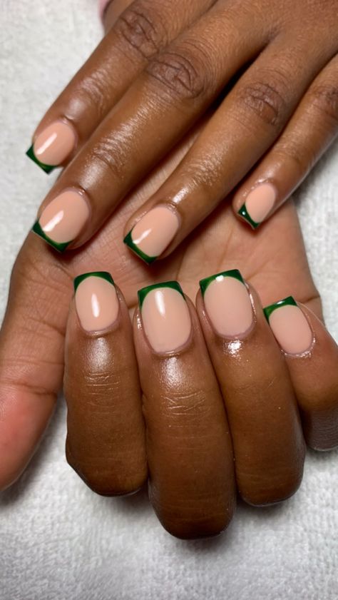 Short Nail Designs Dark Green, Green Nails For Homecoming, Emerald Green Nails French Tip, Emerald Green Nails Square, Emerald Green French Tip Nails, Tan Nail Designs, Olive Green Nails, Emerald Green Nails, Tan Nails