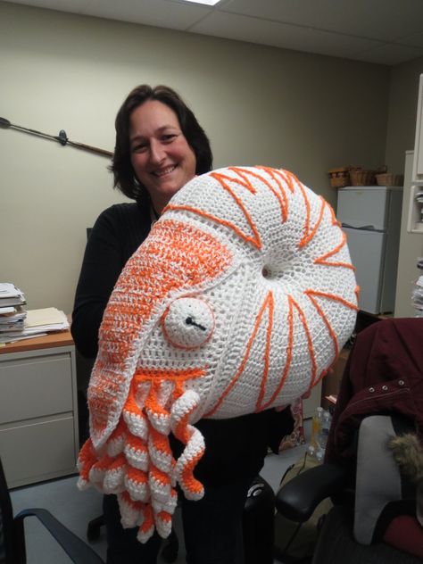 Management Support Specialist Carol Youmans shows off a HUGE crocheted Nautilus she made! WOW! #MolluskMonday #fossilFriday Our department has all kinds of talent! Zoology, Nautilus, Artsy Fartsy, Crochet Ideas, Fossil, Fun Things To Do, Weaving, Knitting, Crochet