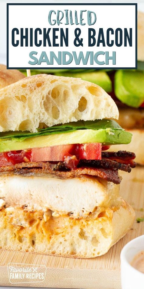 This Grilled Chicken & Bacon Sandwich is a classic recipe your family will love! This grilled chicken sandwich recipe offers classic layers of flavor that just can't be beaten in the summertime: tender chicken, crisp bacon, smooth avocado, juicy tomatoes, and fresh lettuce between a soft ciabatta bun and slathered with a tangy aioli mayo. Aioli Mayo, Chicken Bacon Sandwich, Easy Lunch Box Recipes, Grilled Chicken Sandwich, Chicken Sandwich Recipe, Grilled Chicken Tenders, Chicken And Bacon, Homemade Mayo, Bacon Sandwich