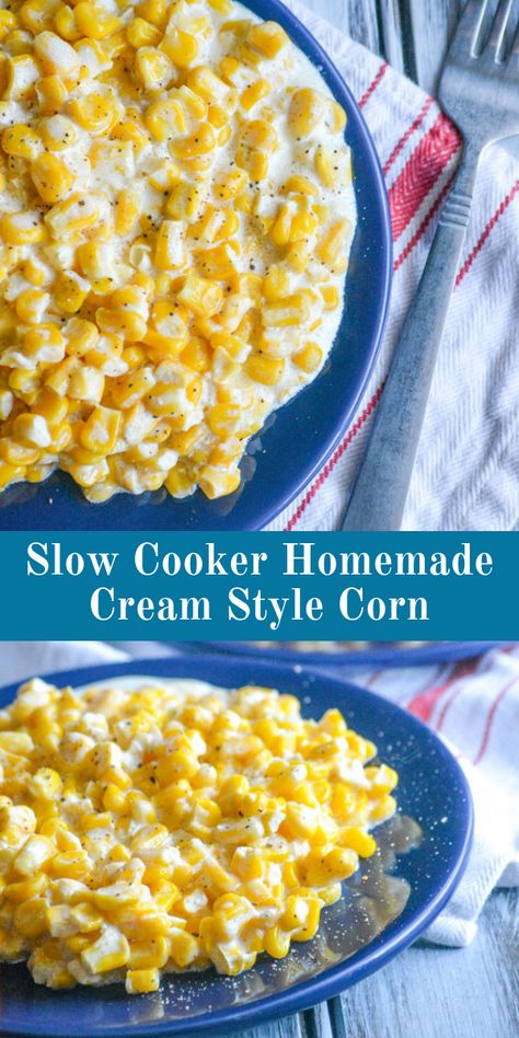 Kick the canned habit, and go with this Slow Cooker Homemade Cream Style Corn instead. Golden corn kernels in a sweet cream sauce, slow cooked to perfection- you'll never regret including this delectable 6 ingredient side dish on your dinner menu. #creamedcorn #recipes #siderecipe Whole Kernel Corn Recipes Side Dishes, Kernal Corn Recipes, Cream Corn Crockpot, Sweet Cream Sauce, Cream Corn Recipe Crock Pot, Slow Cooker Corn Casserole, Corn Casserole Crockpot, Cheese Corn Casserole, Homemade Cream Corn