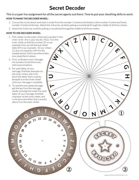 Secret decoder wheel printable. Link: http://dabblesandbabbles.com/printable-secret-decoder-wheel/ Decoder Wheel, Secret Decoder, Escape The Classroom, Escape Room Diy, Breakout Edu, Breakout Boxes, Escape Room For Kids, Scavenger Hunt Birthday, Code Secret